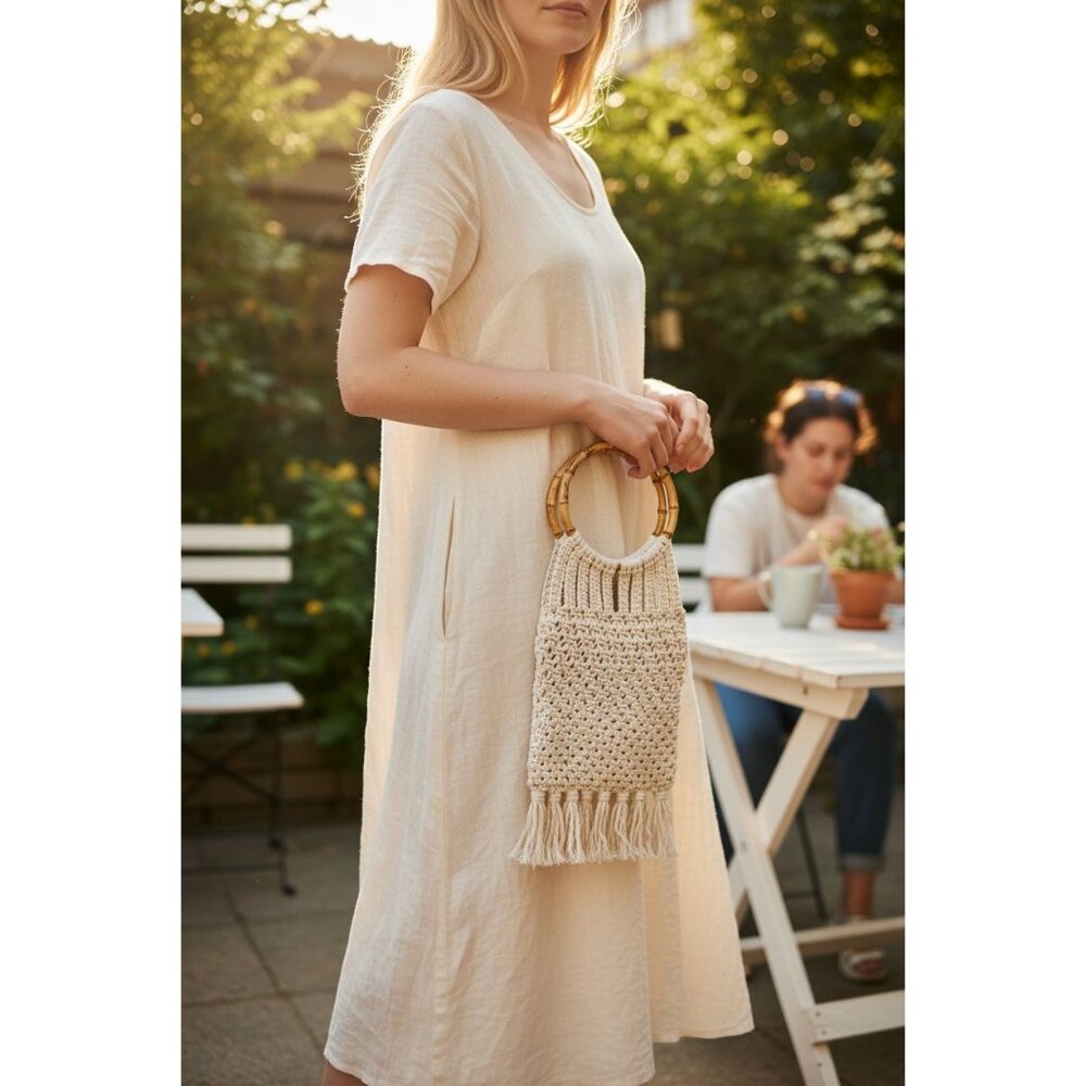 Handmade Macrame Bag With Bamboo Handles & Tassels